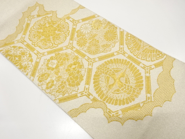 アンティーク　綴れ　逆雲取りに亀甲・花丸・鶴模様織り出し袋帯（材料）